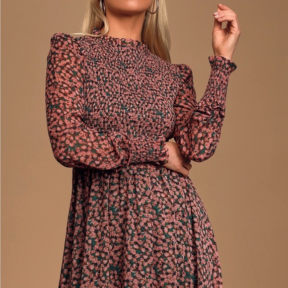 Lulus Dresses & Skirts - Floral Forever Green and Pink Floral Print Smocked Skater Dress XL NWT